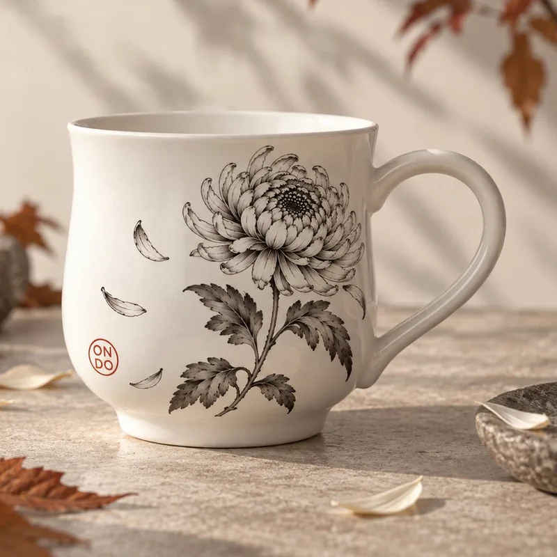 Ondo autumn cup with a chrysanthemum drawn in black ink and a red ON/DO seal