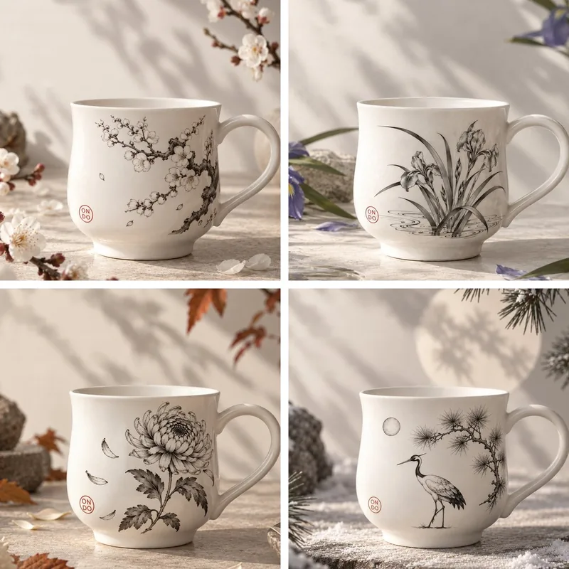 All four Ondo seasonal cups together: plum blossom, iris, chrysanthemum, pine and crane
